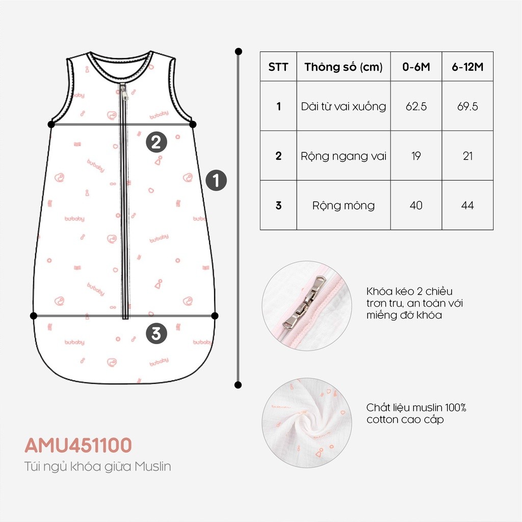 Túi ngủ cho bé sơ sinh, túi ngủ khoá giữa size 0-12M chất liệu muslin cao cấp BuBaby AMU451100
