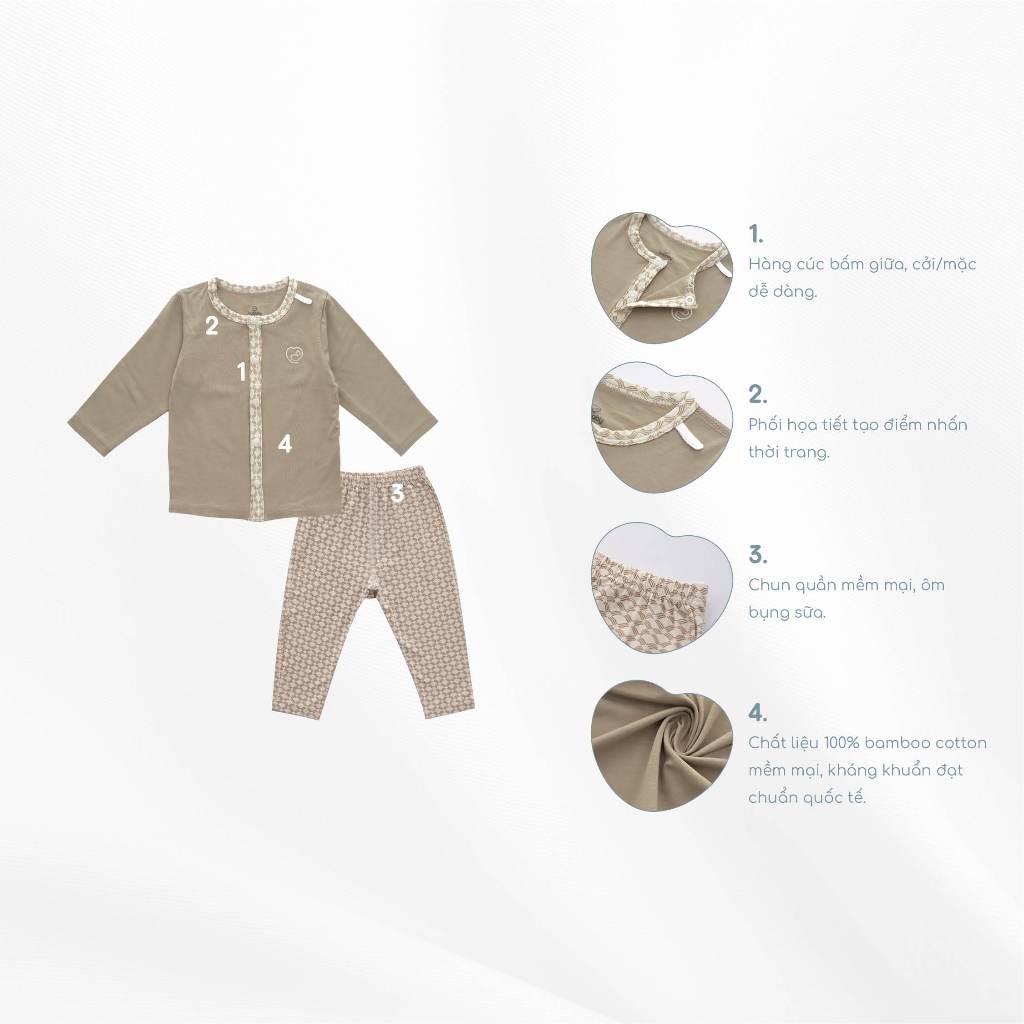 (0-9M) Bộ dài tay cài giữa BBB1102IN Bambus Iconic 2 cho bé sơ sinh  | Quần áo BuBaby sơ sinh