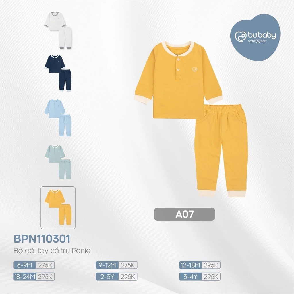 (6M-3Y-Xanh bạc hà) Bộ quần áo dài tay cổ trụ BuBaby cho bé chất liệu sợi gỗ sồi - Molist BMD110300 BPN110301