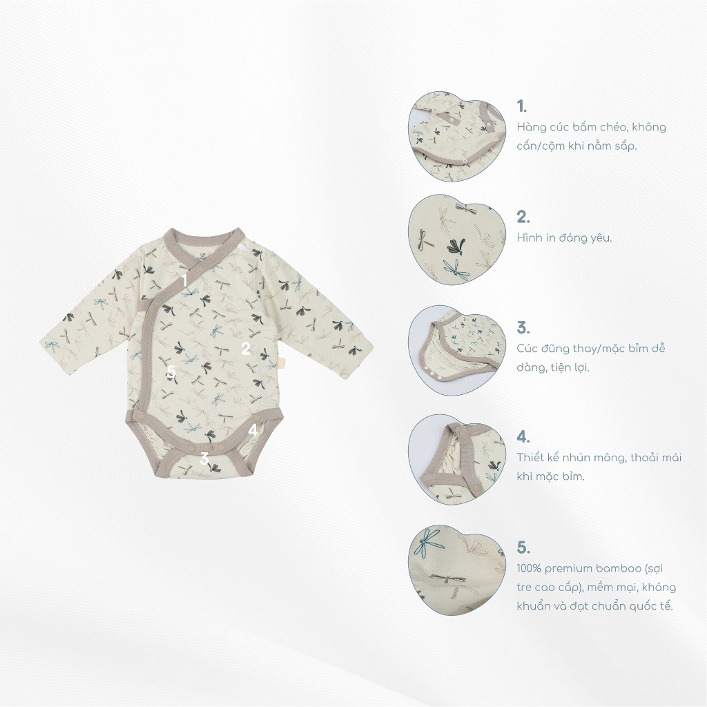 (NB-3M) Bộ đồ liền thân dài tay cài chéo Dona BBB2108DN cho bé sơ sinh  - Bambus | Quần áo BU Baby