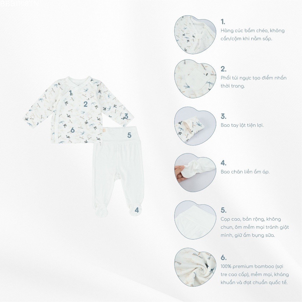 (NB-3M) Bộ quần áo dài tay cài chéo BBB1108TN Túi ngực Dona cho bé sơ sinh - Bambus | Quần áo BU Baby