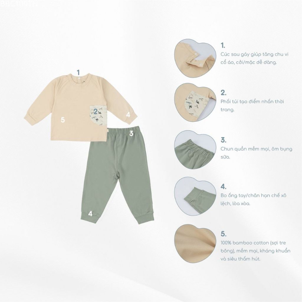 (6M-5Y) Bộ dài tay túi ngực BBC1110TN cài sau cho bé - Bamco - Bubaby bé trai - Bubaby bé gái