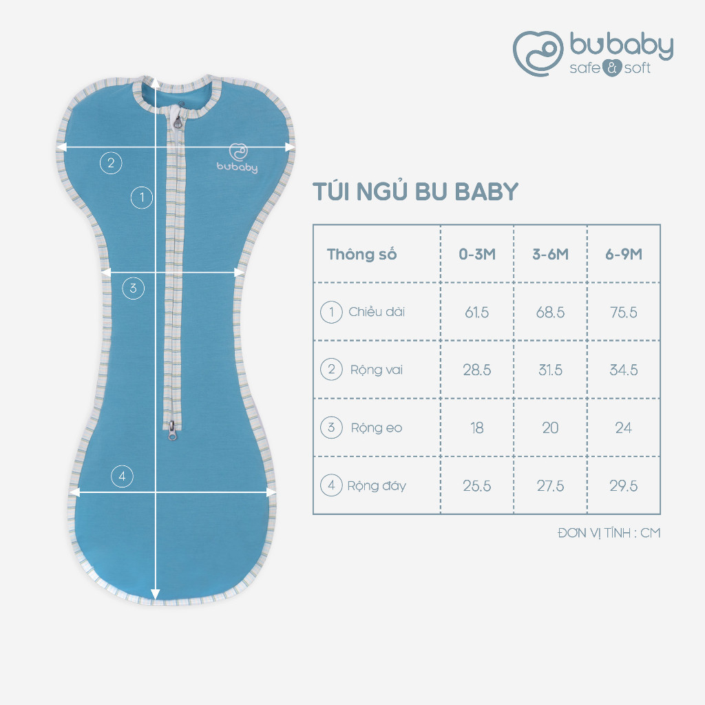 (0M-9M) Túi ngủ cho bé ABB451100 ABB451103 - chất sợi tre khoá kéo 2 chiều BUbaby - Túi ngủ BUbaby chính hãng