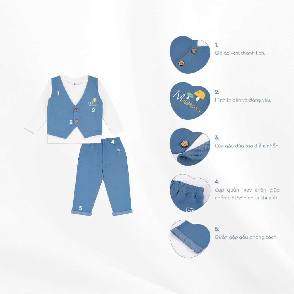 BuBaby Bộ quần áo giả gile cổ tròn - Terry BBC190400 | Bu Baby Chính Hãng