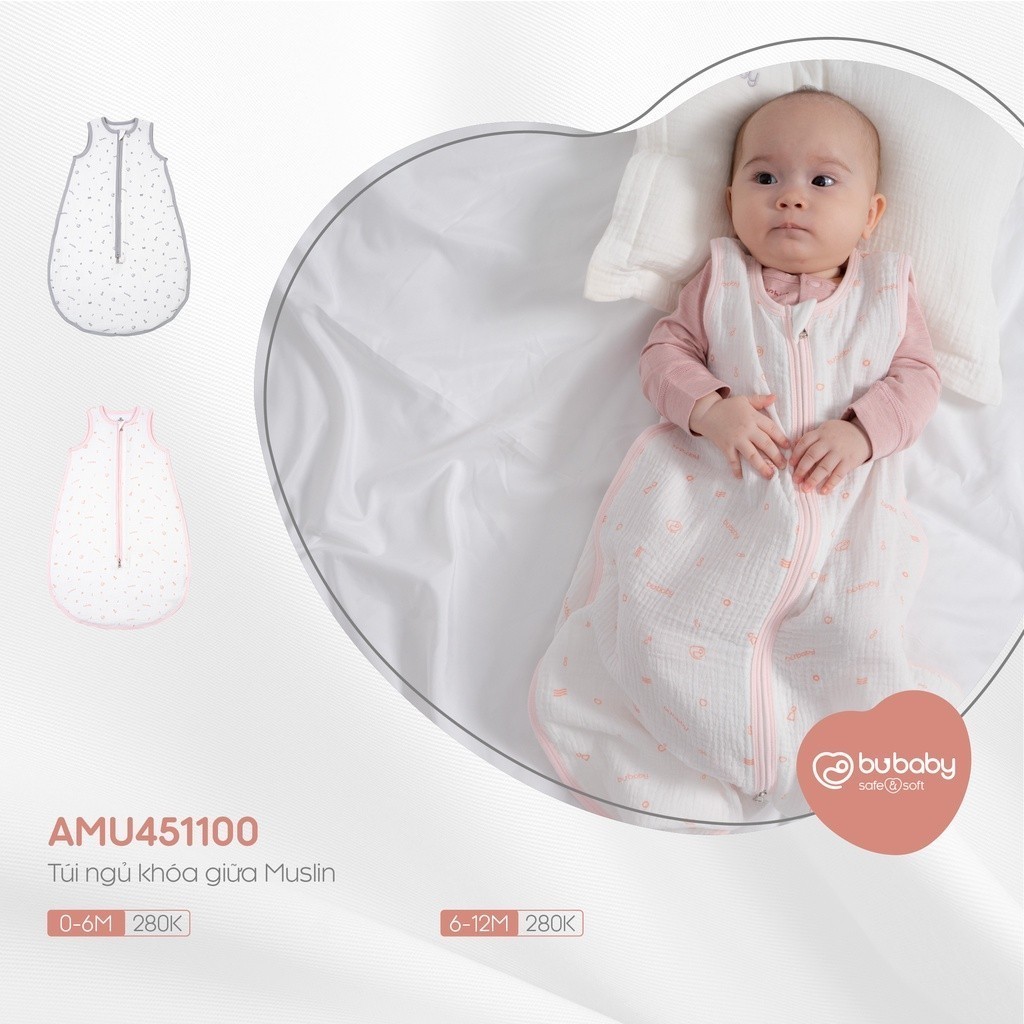 BuBaby Túi ngủ cho bé sơ sinh, túi ngủ khoá giữa size 0-12M chất liệu muslin cao cấp Bu Baby AMU451100