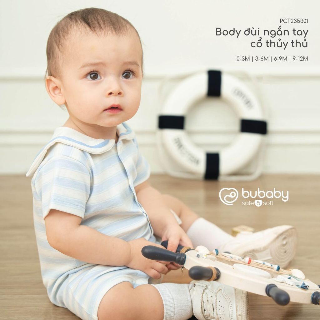 BU Baby (0M-12M) Body đùi ngắn tay cổ thủy thủ Bubaby Cotton PCT235301 | Sơ sinh Chính hãng