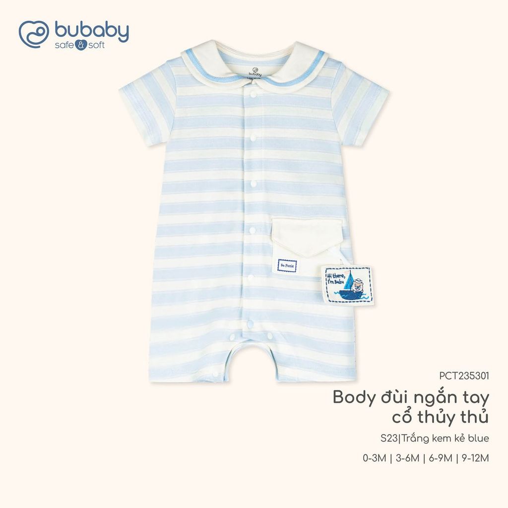 BU Baby (0M-12M) Body đùi ngắn tay cổ thủy thủ Bubaby Cotton PCT235301 | Sơ sinh Chính hãng