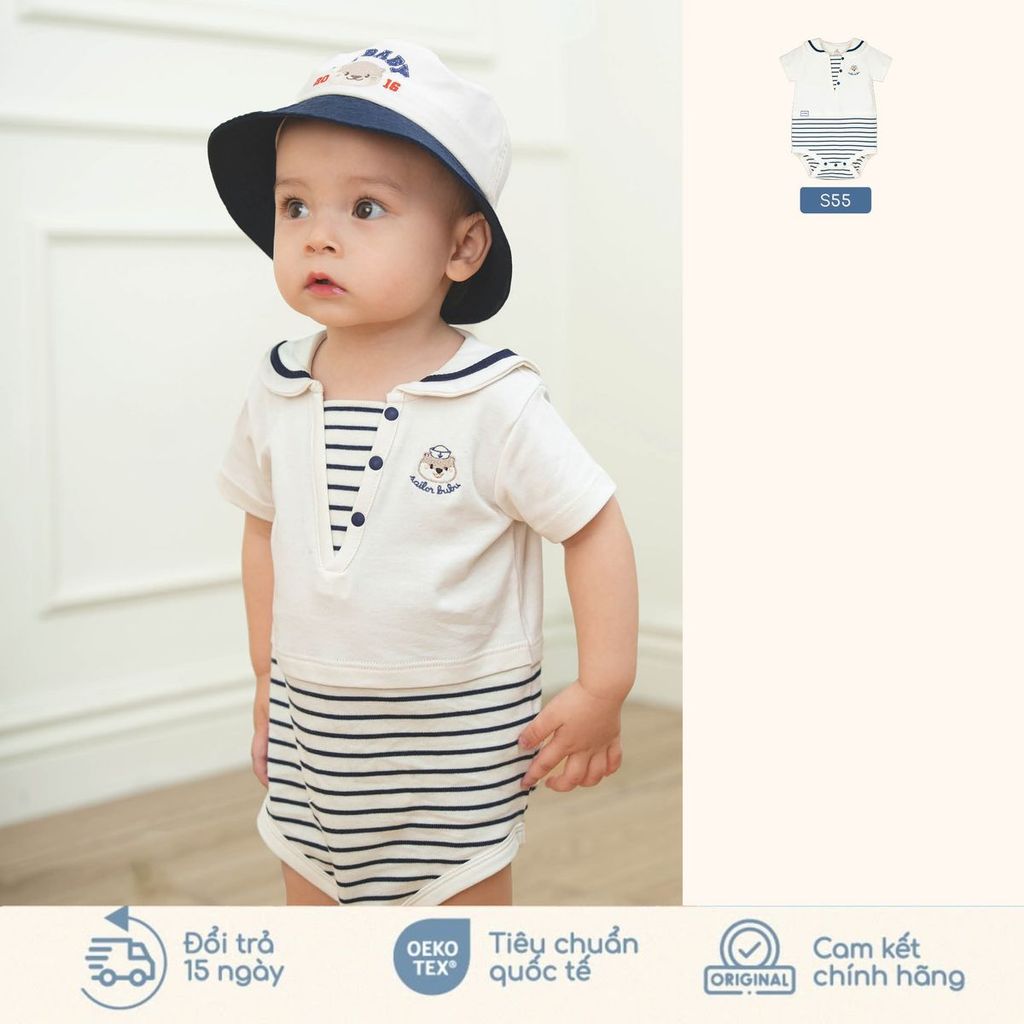 BU Baby (0M-12M) Body chip ngắn tay cổ thủy thủ Bubaby Cotton PCT235300 | Body Sơ sinh Chính hãng