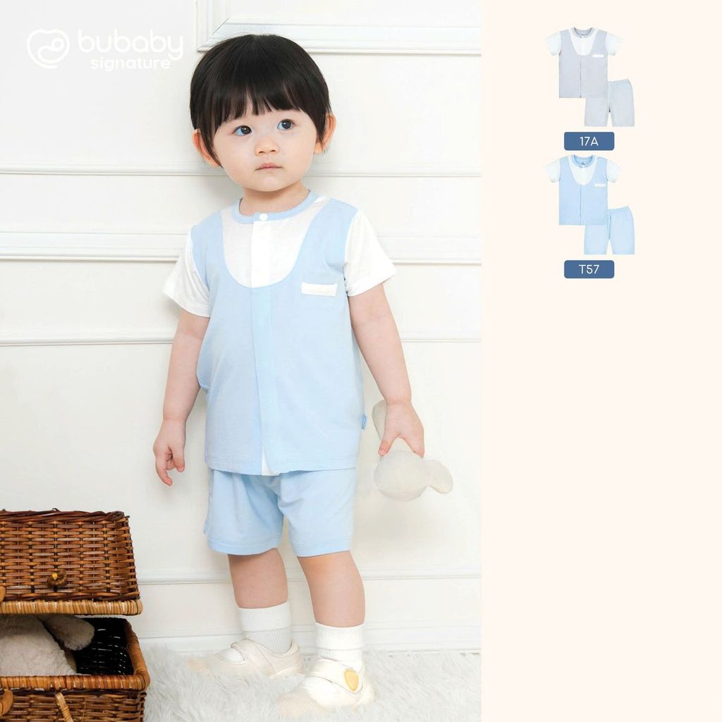 (0-12M) Bộ quần áo ngắn tay cài giữa phối đáp cổ mềm mát vải sợi tre - BB130234 | BU Baby chính hãng