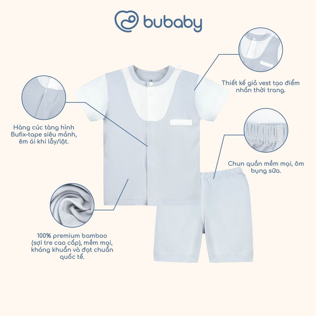 (0-12M) Bộ quần áo ngắn tay cài giữa phối đáp cổ mềm mát vải sợi tre - BB130234 | BU Baby chính hãng