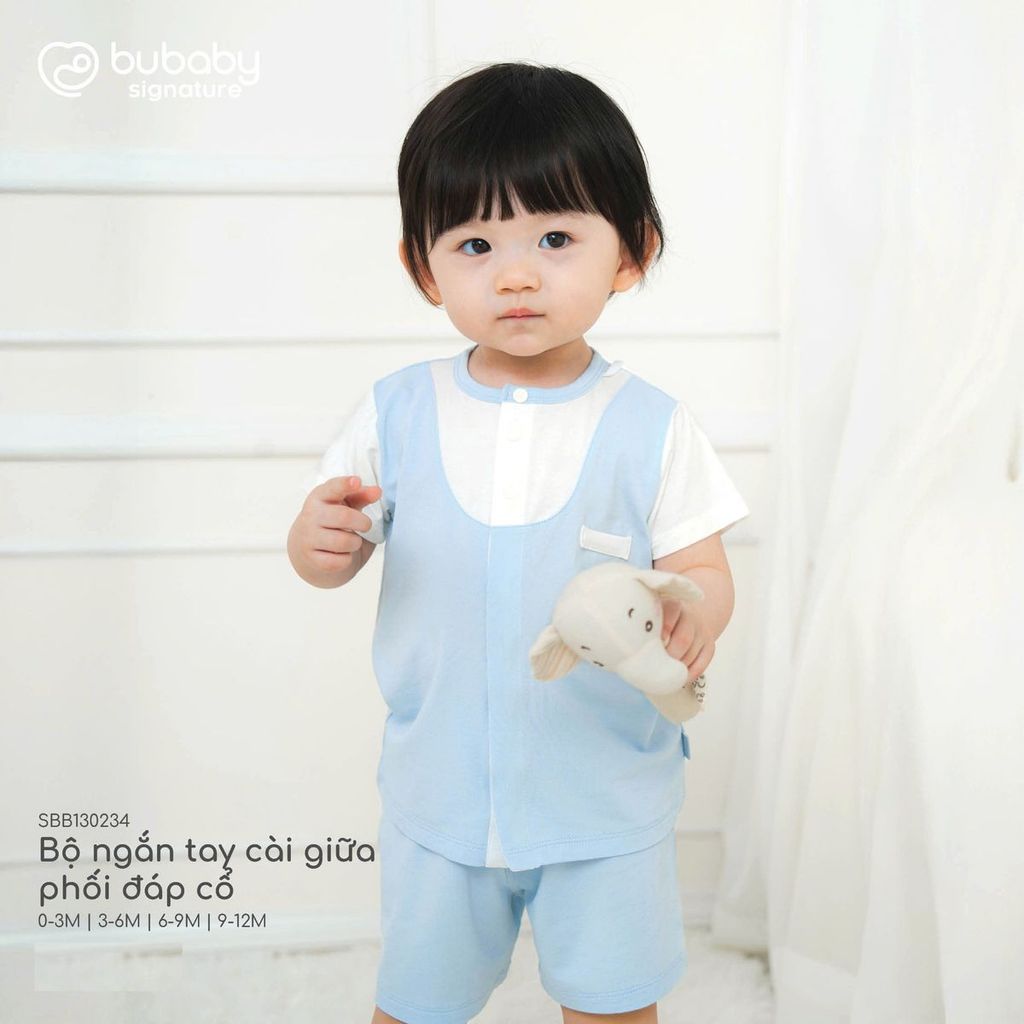 (0-12M) Bộ quần áo ngắn tay cài giữa phối đáp cổ mềm mát vải sợi tre - BB130234 | BU Baby chính hãng