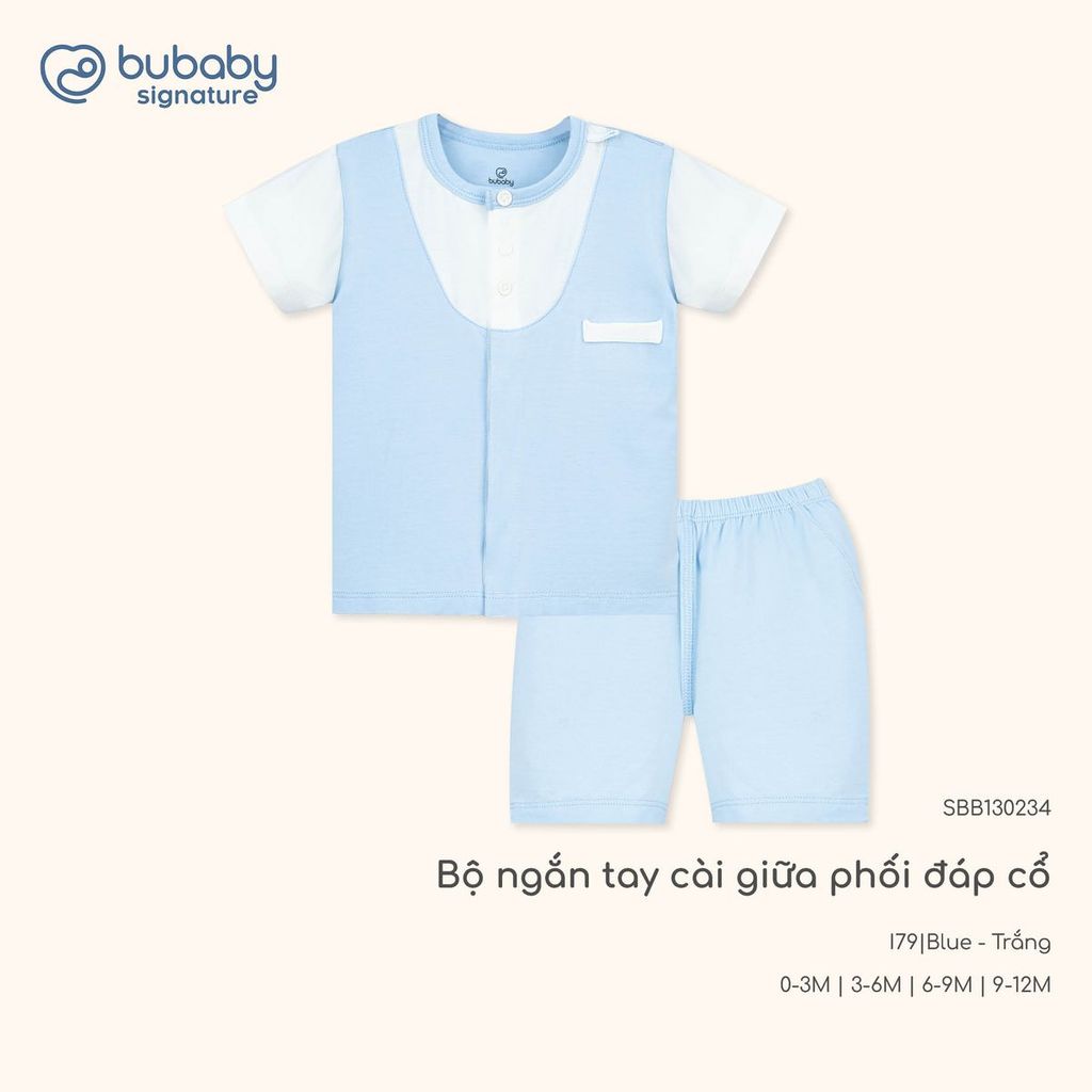 (0-12M) Bộ quần áo ngắn tay cài giữa phối đáp cổ mềm mát vải sợi tre - BB130234 | BU Baby chính hãng