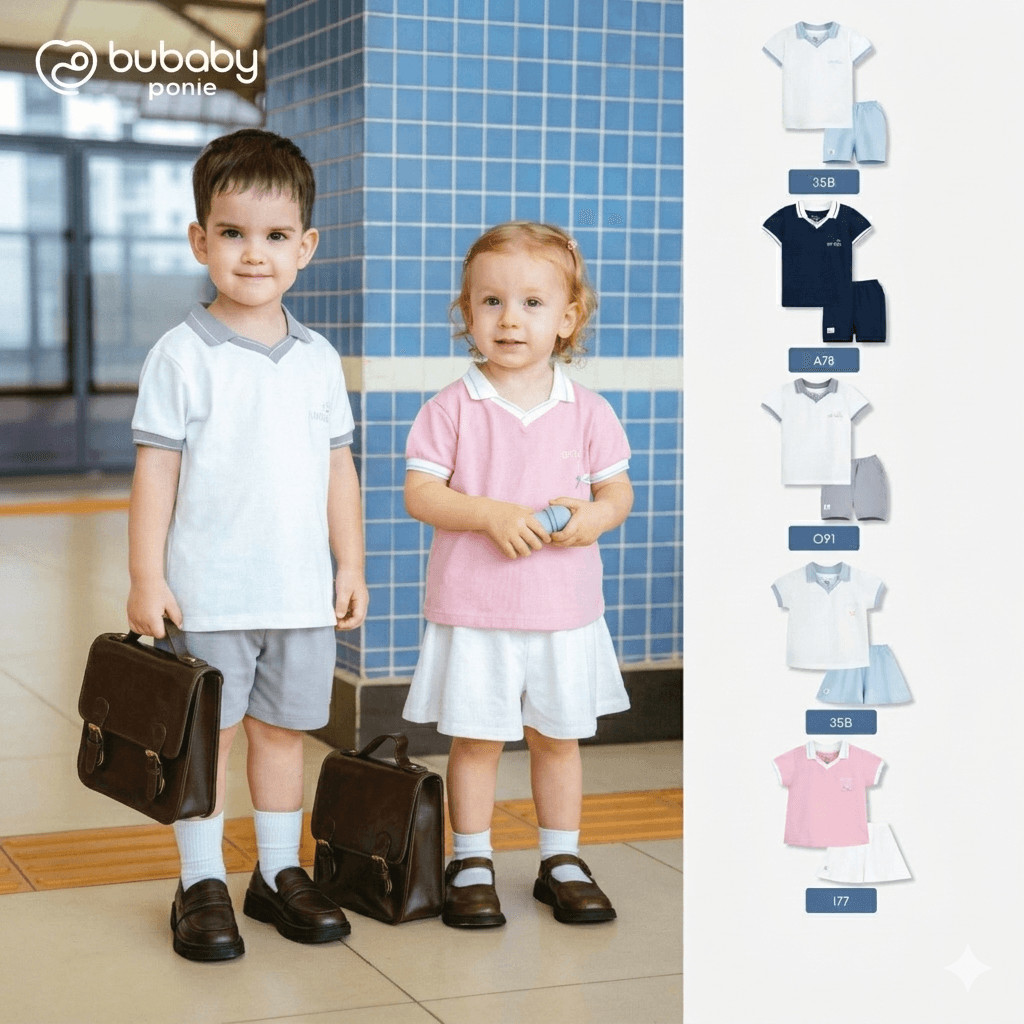 (6M-5Y) Bộ quần áo ngắn tay cổ Polo cổ V cao cấp Năng động Mùa Hè cho bé yêu Ponie - PPN13060