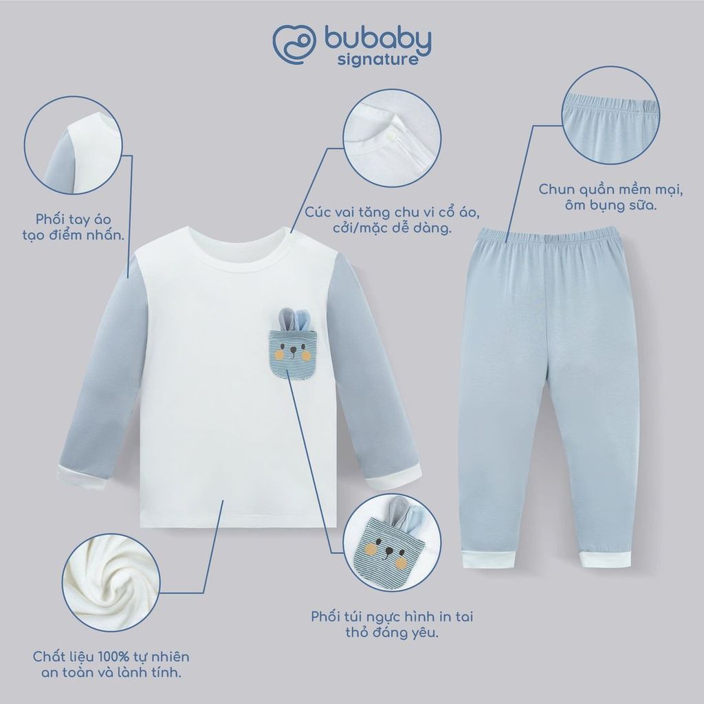 (6M-5Y) Bộ dài tay cài vai Túi ngực Bunny cho bé trai bé gái | Quần áo Bubaby chính hãng SVS1101TN