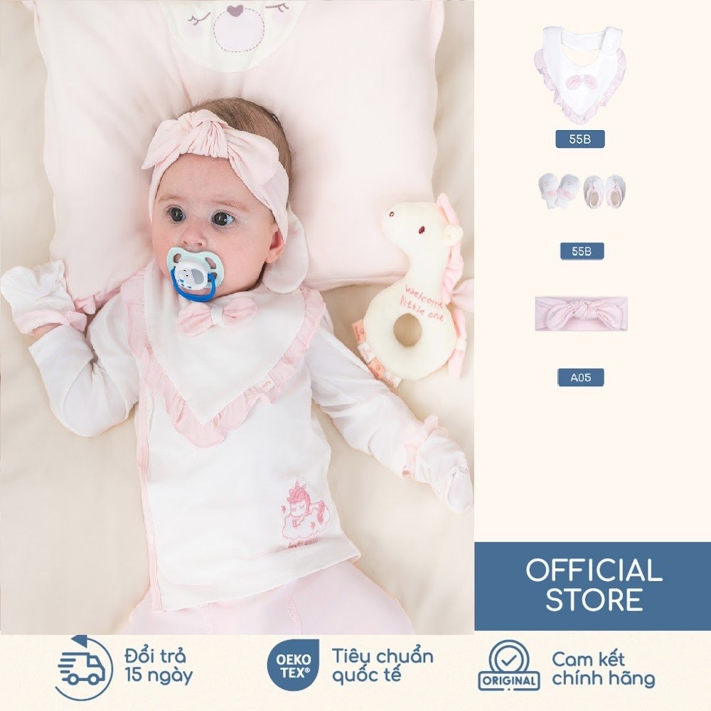 BU Baby Set phụ kiện Yếm cài lệch viền bèo, Băng đô, bao tay chân bé gái Bamboo ABB0 | Phụ kiện chính hãng