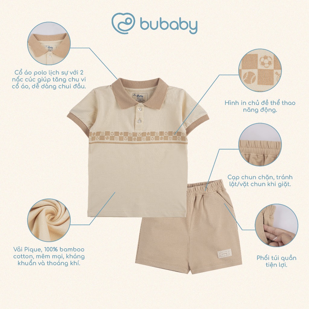 (6M-5Y) Bộ quần áo ngắn tay cổ Polo cho bé chất liệu sợi tre và bông hữu cơ - Quần áo Bu baby Ponie BPN130308