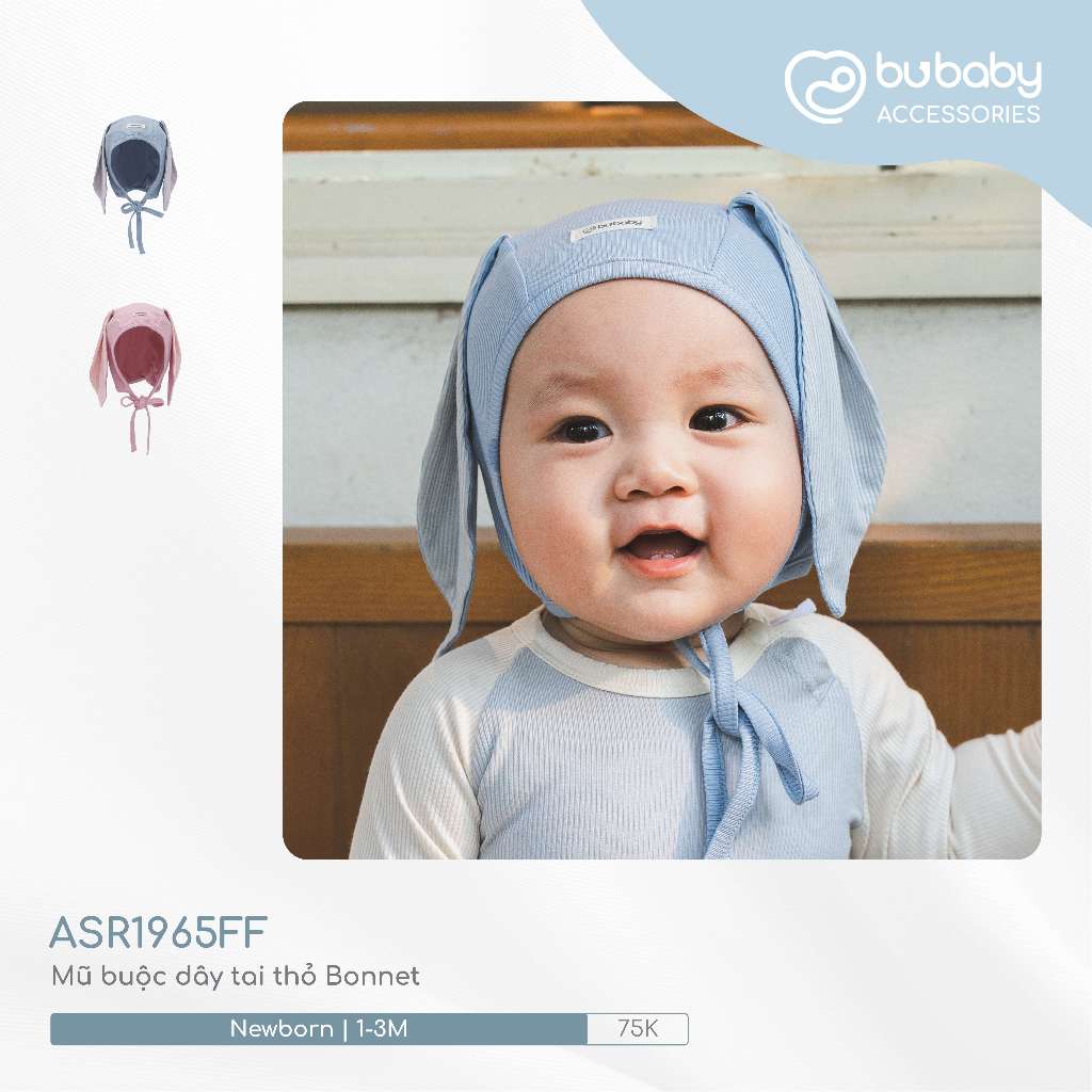(NB-3M) Mũ buộc dây tai thỏ Bonet Bu Baby chất sợi tre mềm mại ABB194321 - Bubaby sơ sinh - Mũ Bubaby