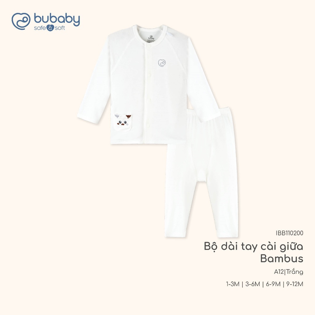 BU Baby (1M-12M) Bộ dài tay cài giữa thoáng mát cho bé Bubaby Bambus IBB110200 | Quần áo chính hãng