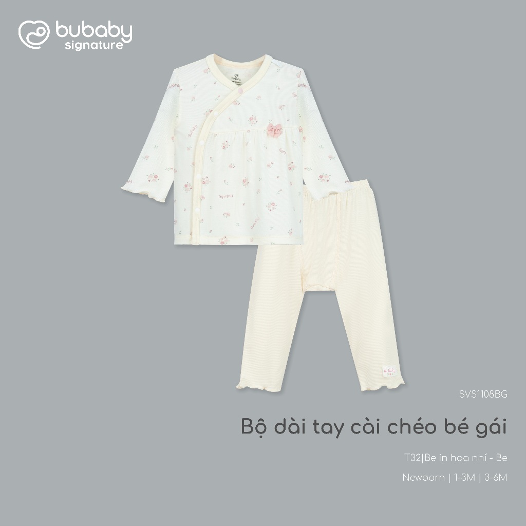 (NB-6M) Bộ sơ sinh dài tay cài chéo cho bé gái mềm mại kháng khuẩn Bubaby Viscose SVS1108BG