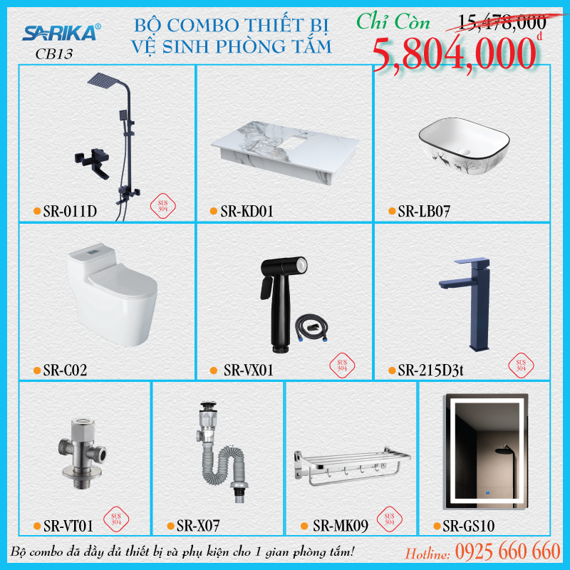 Combo 13 - Trọn Bộ Thiết Bị Vệ Sinh Phòng Tắm SARIKA