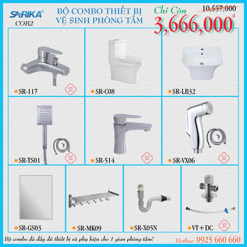Combo 02 - Trọn Bộ Thiết Bị Vệ Sinh Phòng Tắm SARIKA
