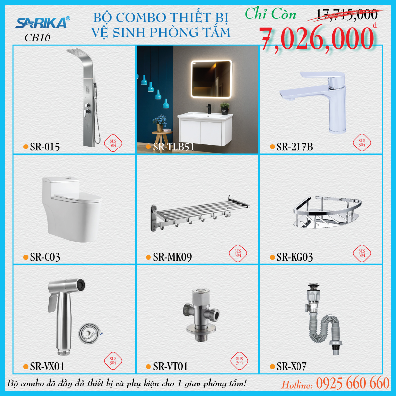 Combo 16 - Trọn Bộ Thiết Bị Vệ Sinh Phòng Tắm SARIKA