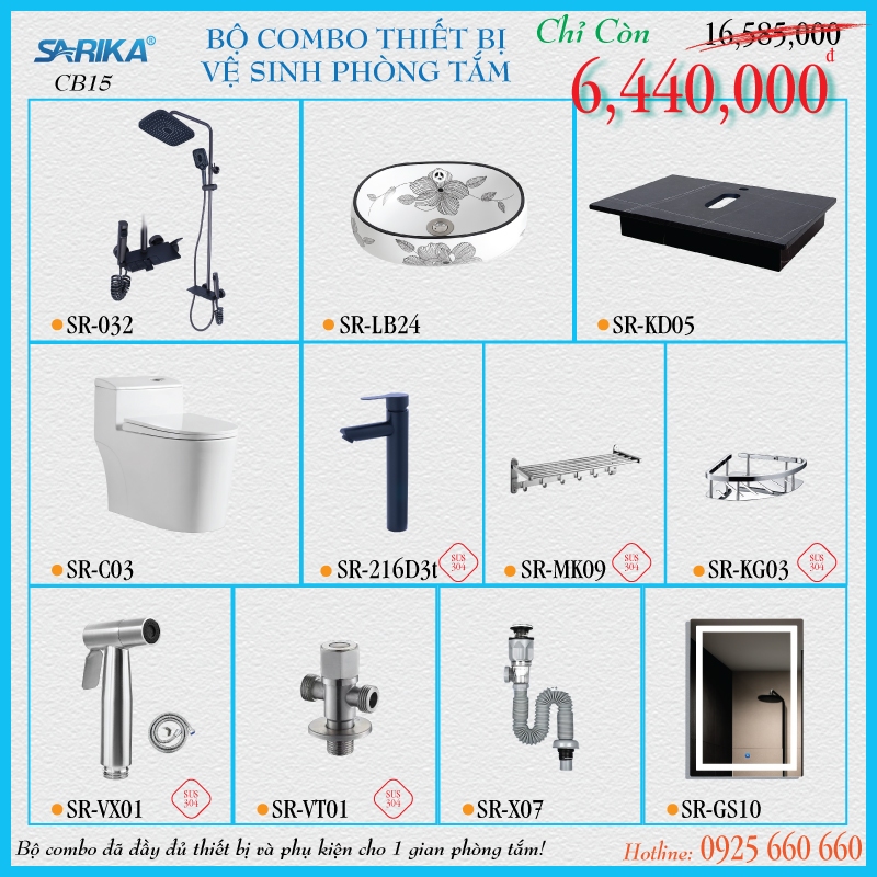 Combo 15 - Trọn Bộ Thiết Bị Vệ Sinh Phòng Tắm SARIKA