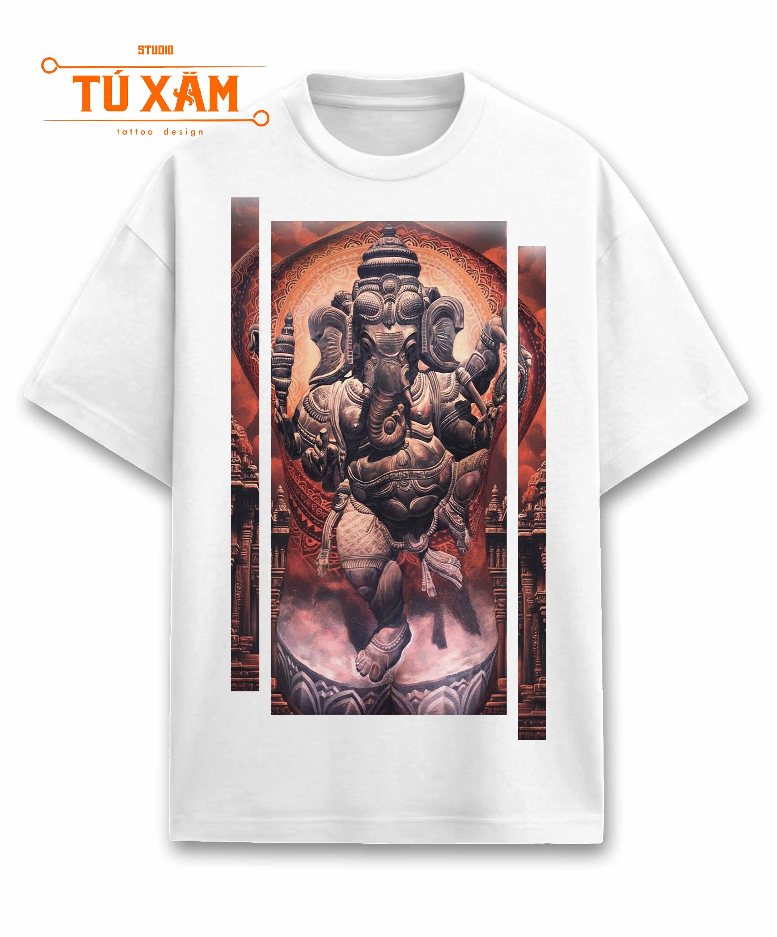 Áo thun hình xăm – Ganesha – unisex form rộng tay lỡ, cotton 100% 250gsm, in DTG siêu thoáng, tattoo art cao cấp, độc quyền Master Tú Đen
