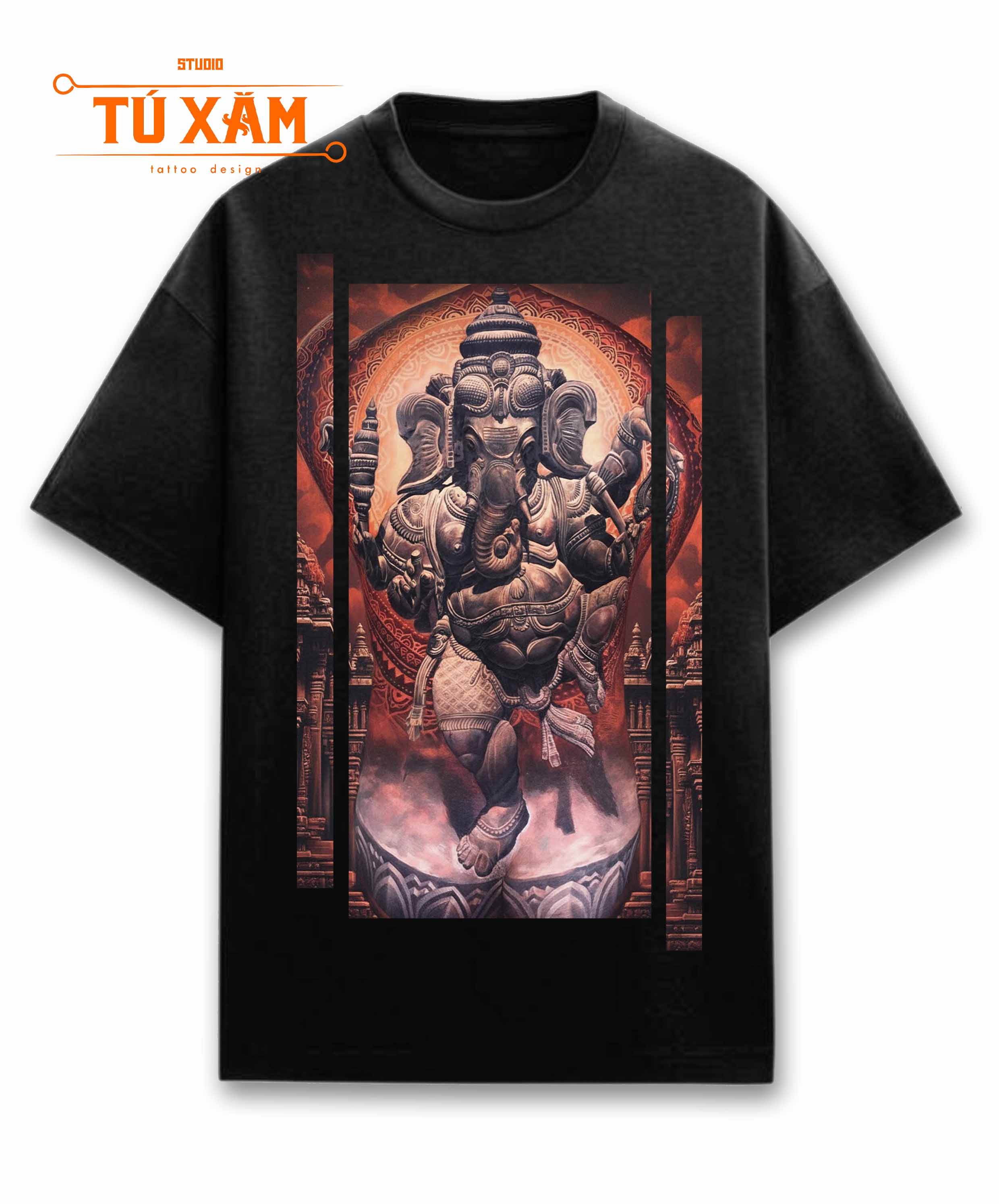 Áo thun hình xăm – Ganesha – unisex form rộng tay lỡ, cotton 100% 250gsm, in DTG siêu thoáng, tattoo art cao cấp, độc quyền Master Tú Đen
