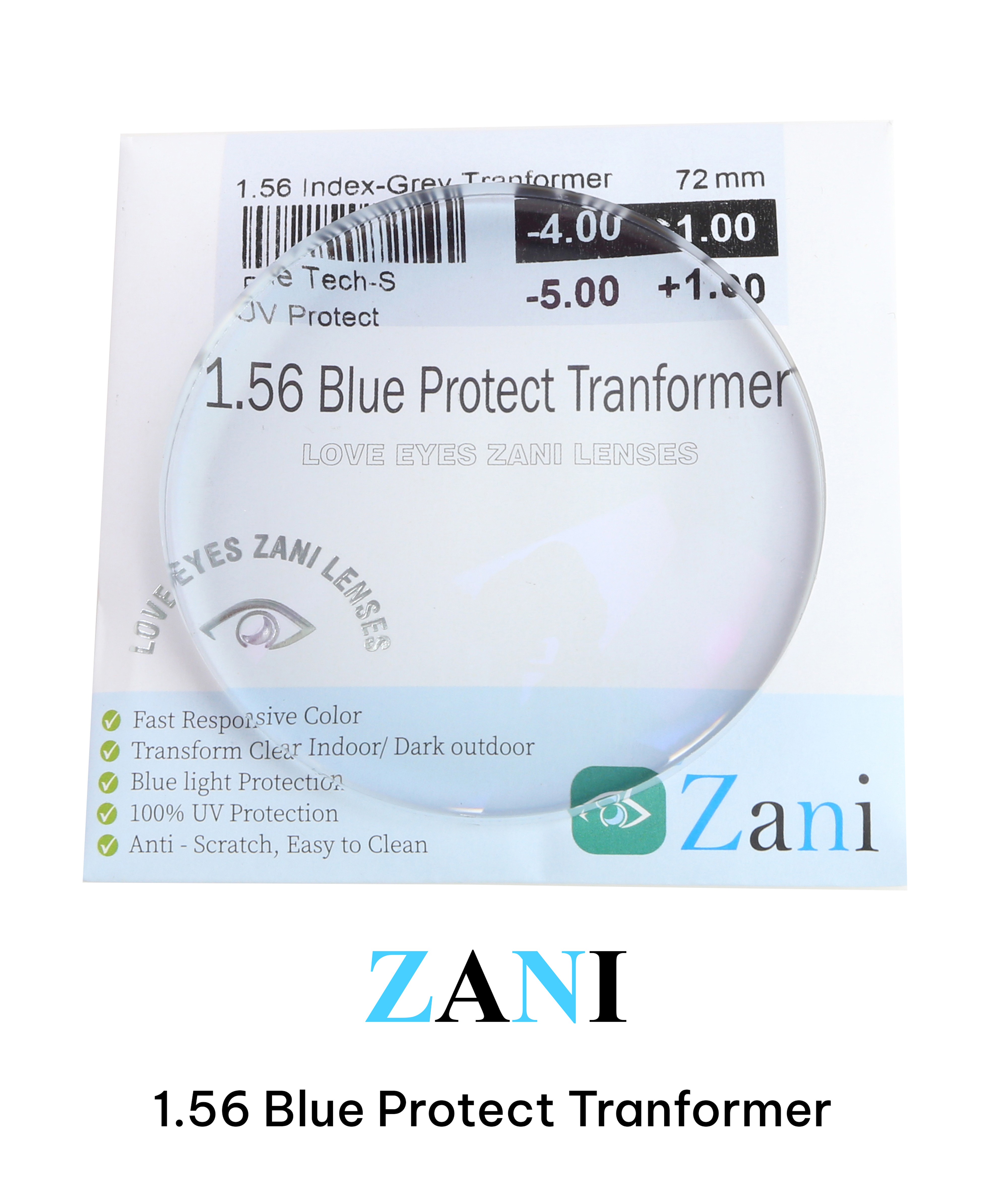 Tròng kính Zani đổi màu khói 1.56 Blue Protect Transform