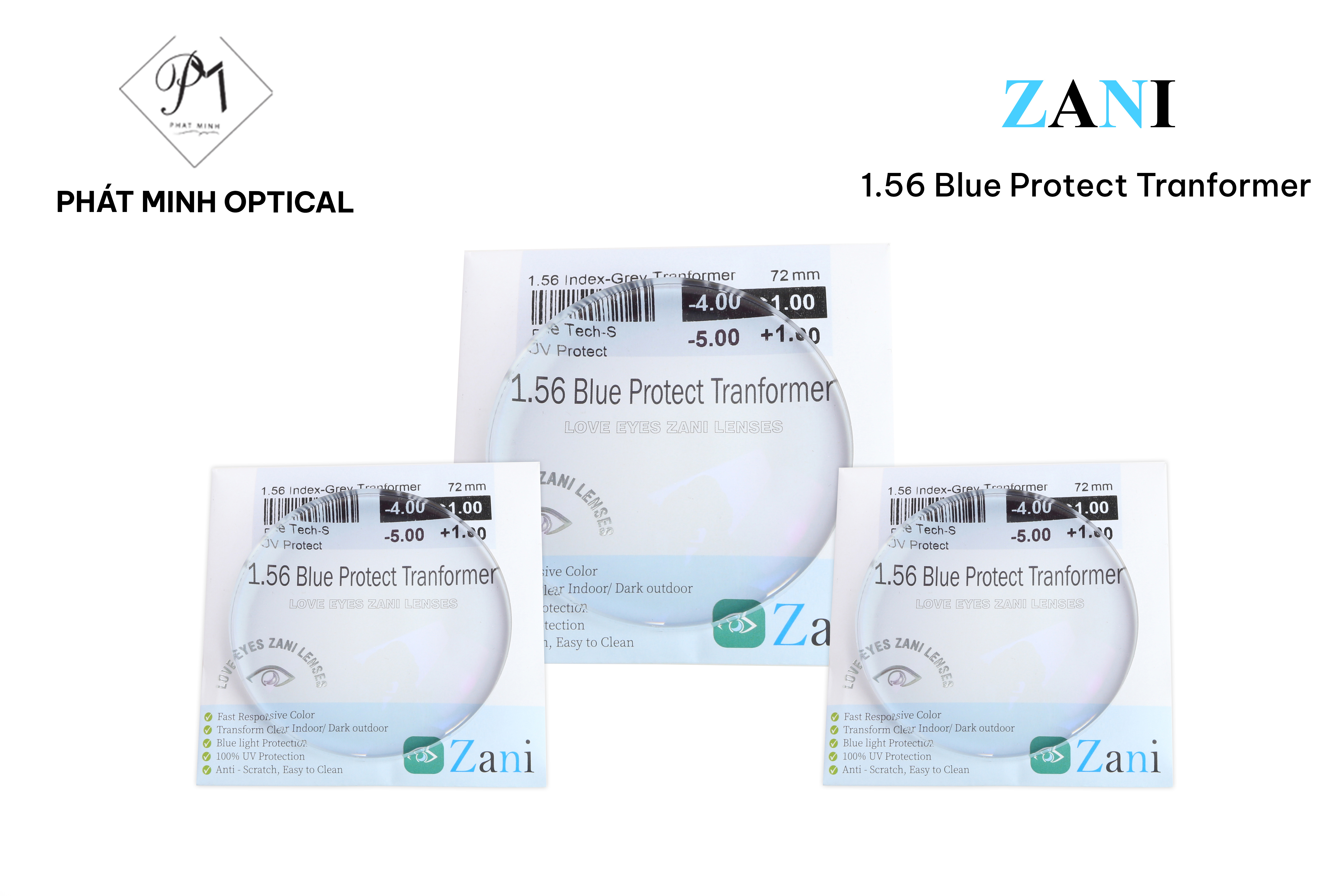 Tròng kính Zani đổi màu khói 1.56 Blue Protect Transform
