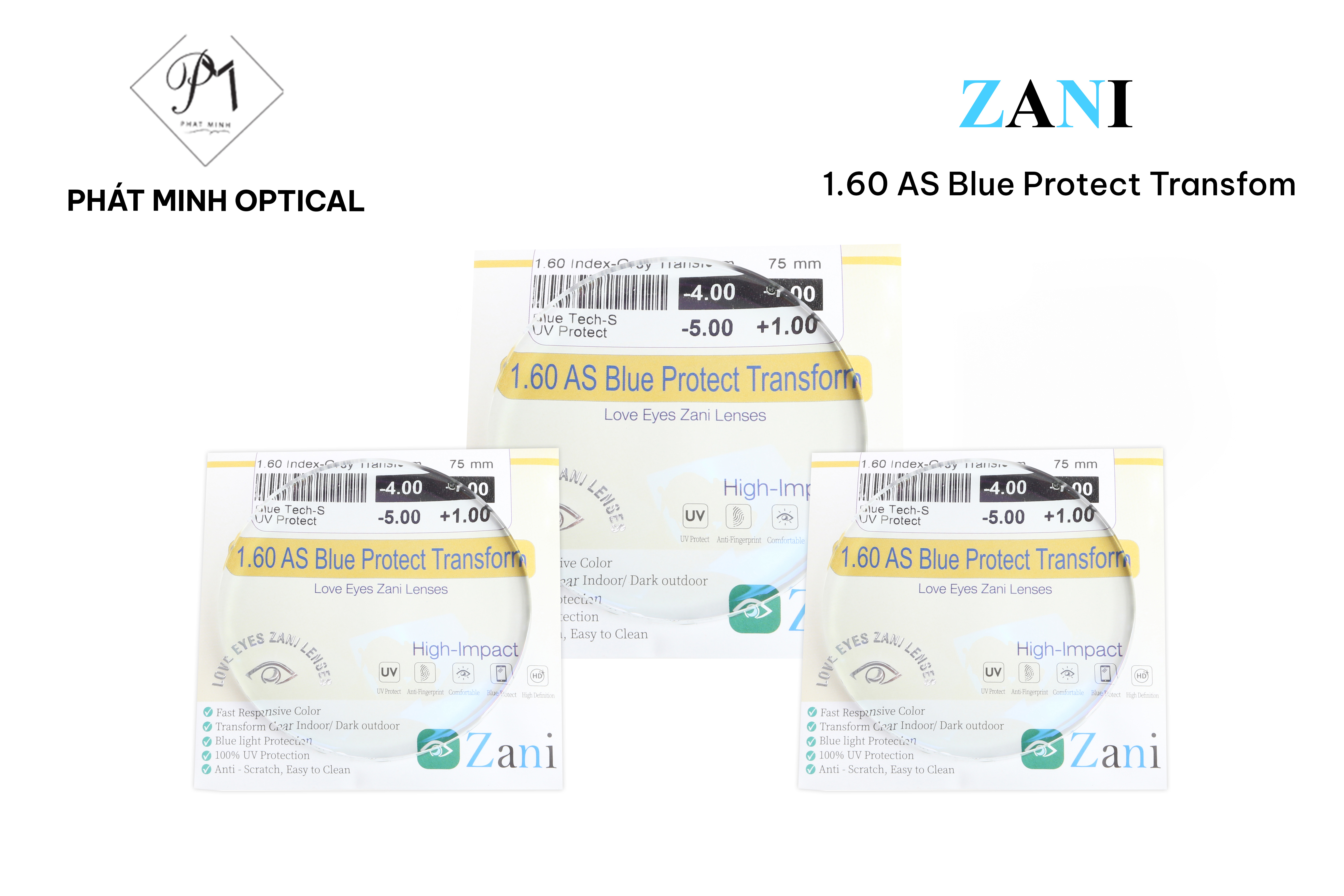 Tròng kính Zani đổi màu khói 1.60 Blue Protect Transform