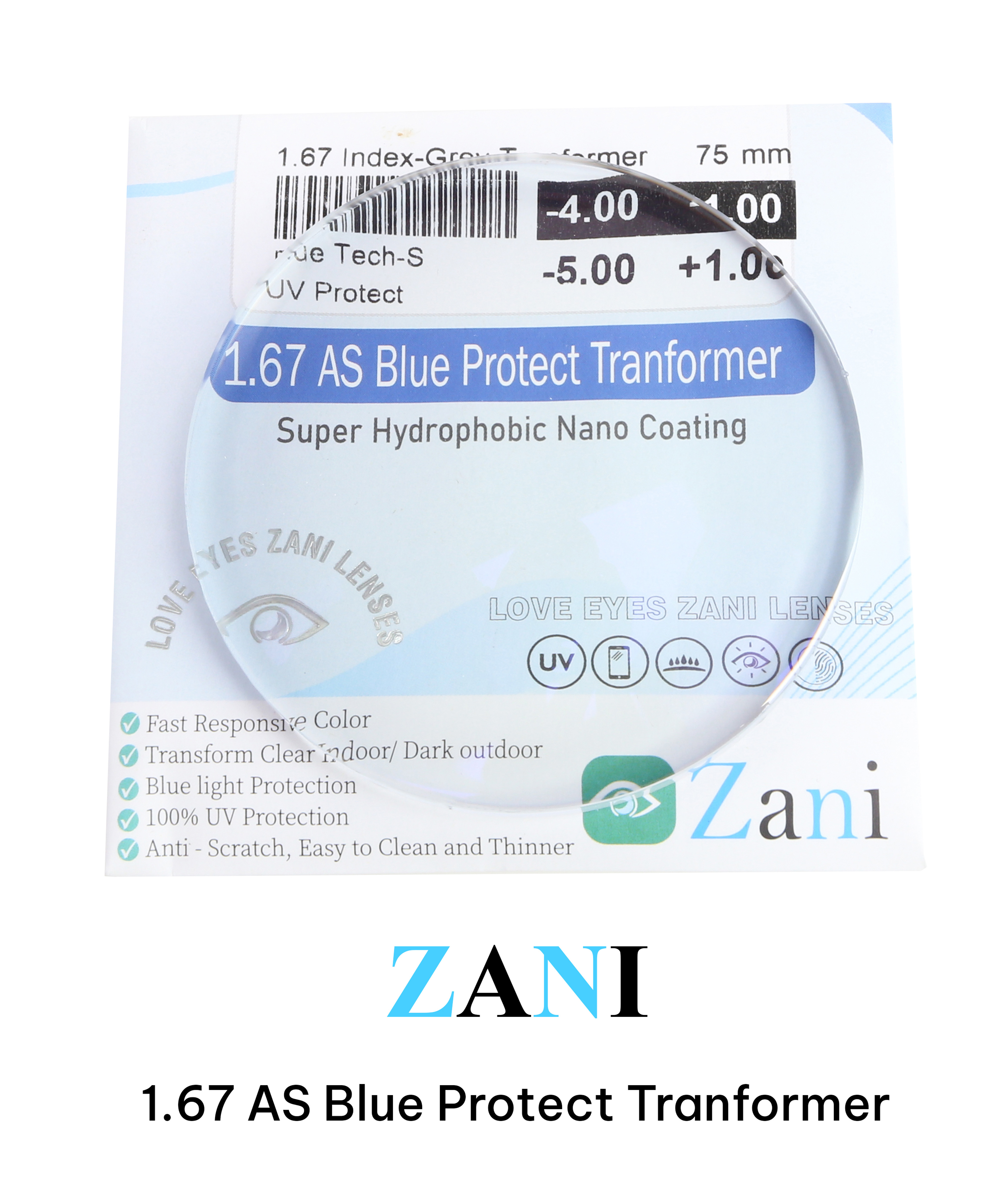 Tròng kính Zani đổi màu khói 1.67 Blue Protect Transform