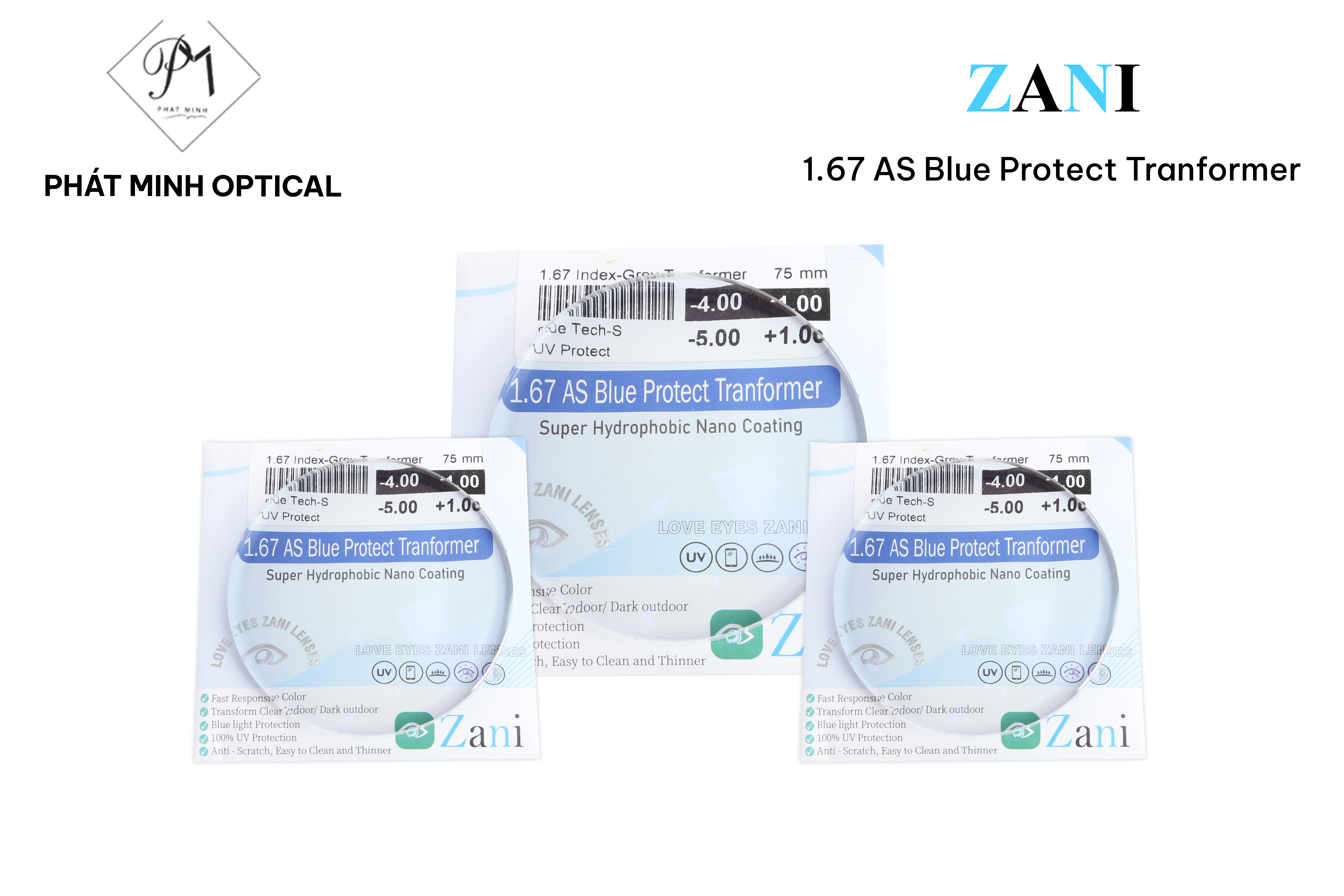 Tròng kính Zani đổi màu khói 1.67 Blue Protect Transform