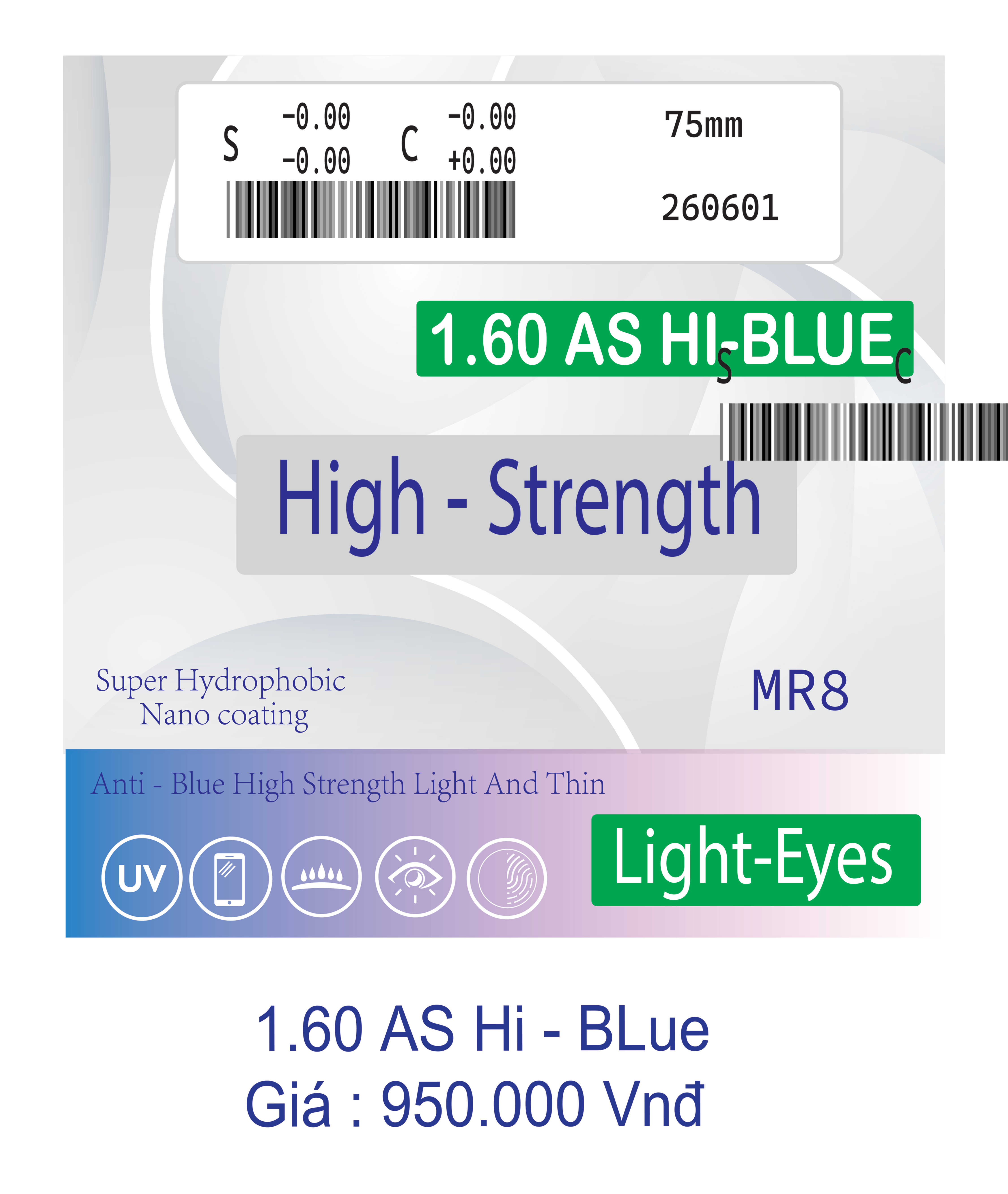 Tròng kính Light Eyes 1.60 Hi - Blue