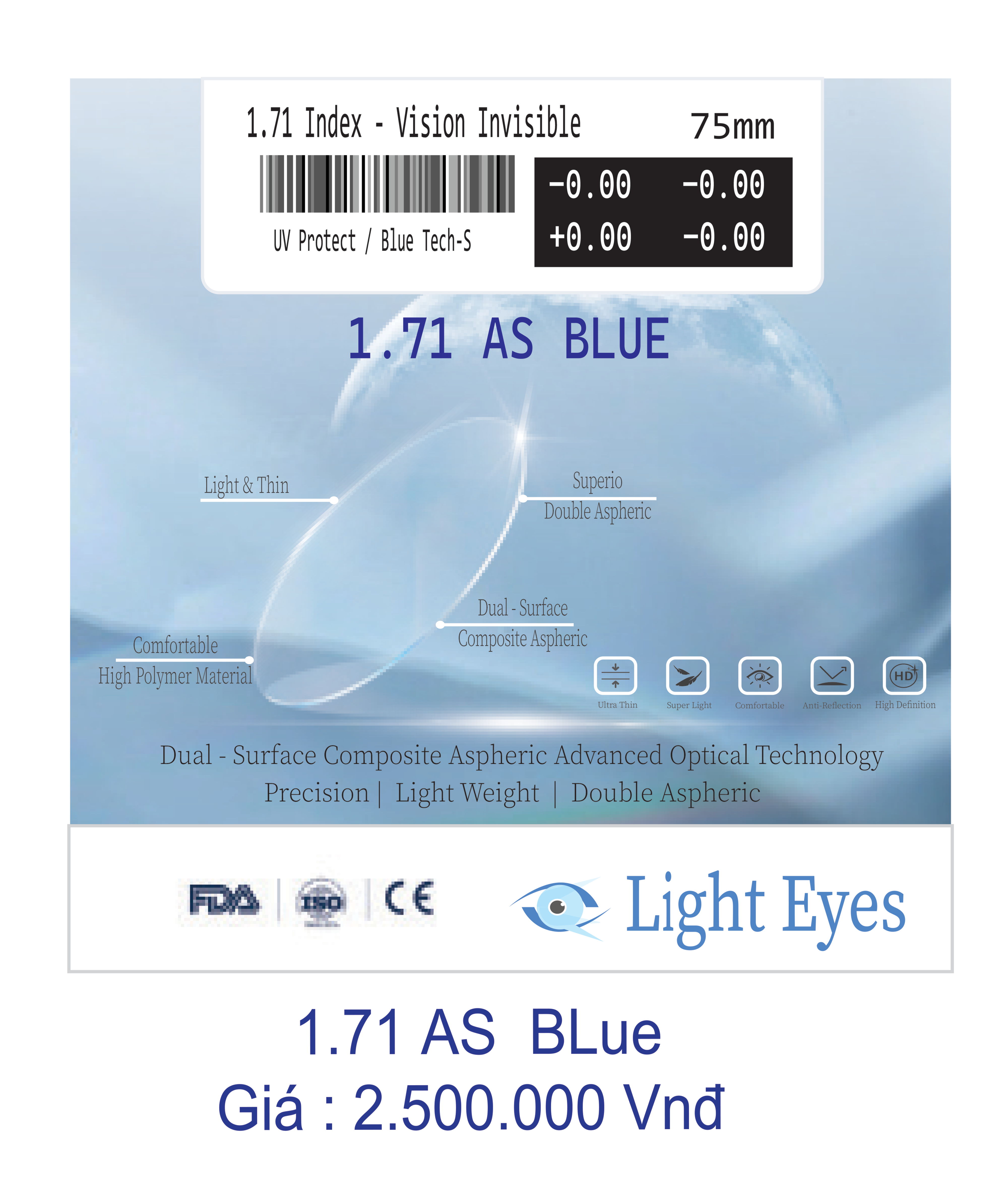 Tròng kính Light Eyes 1.71 AS Blue