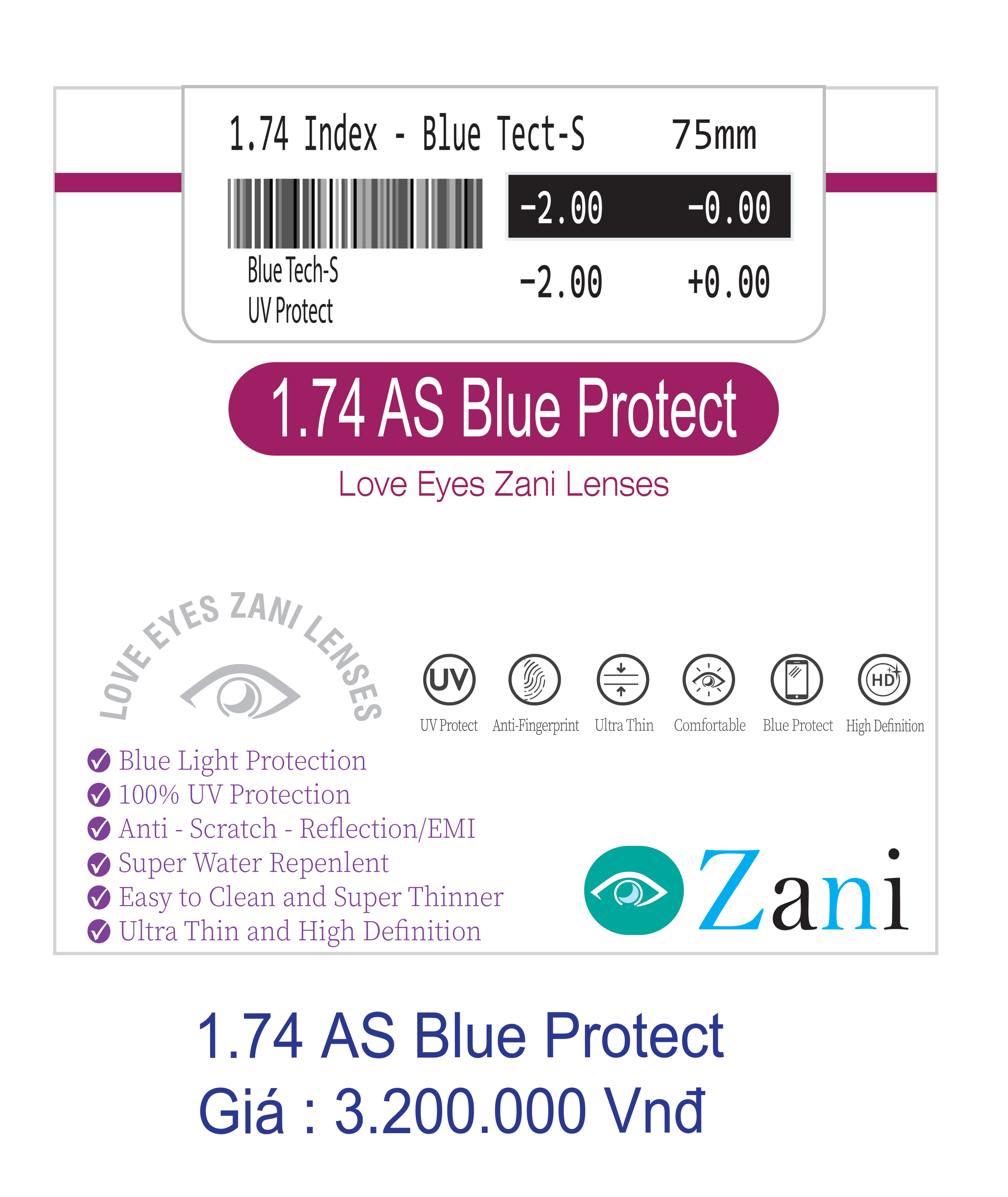 Tròng kính Zani 1.74 Blue Protect