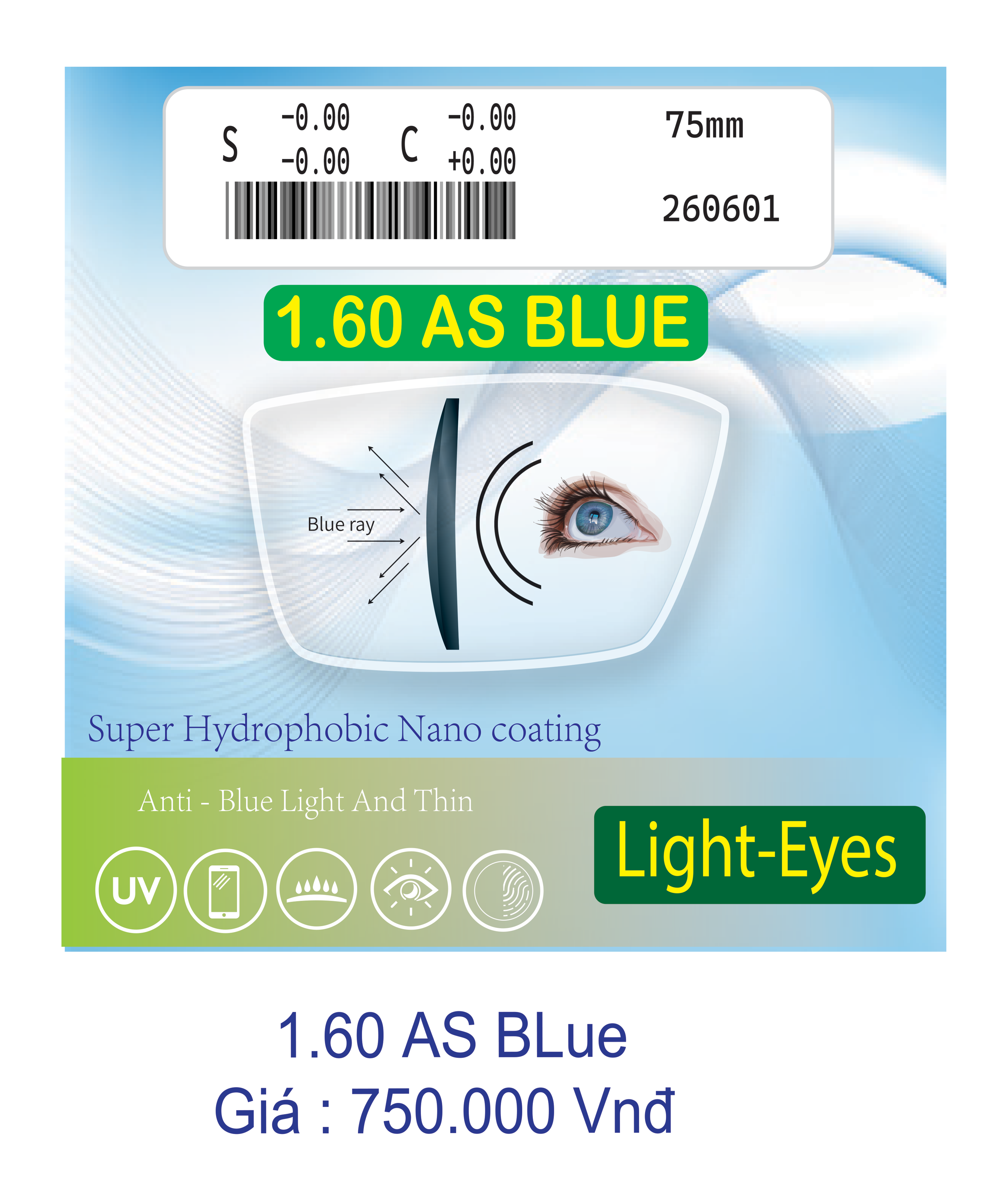 Tròng kính Light Eyes 1.60 AS Blue