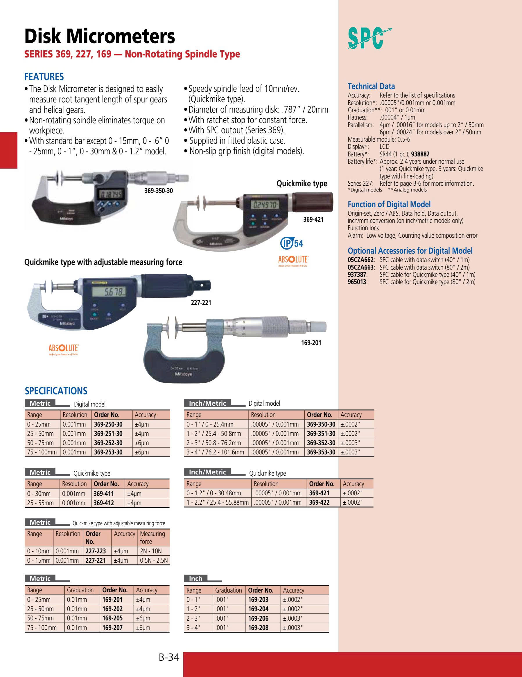 Panme đo đĩa Mitutoyo SERIES 369 / 227 / 169 (369-250-30,169-201)