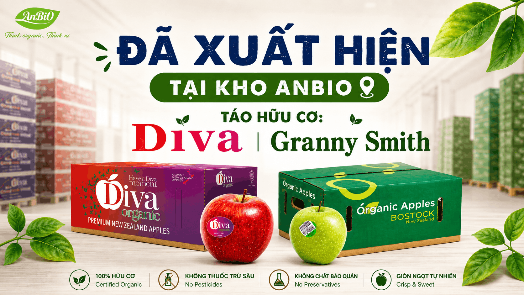 Táo Diva và Granny Smith đã về kho AnBiO – Táo hữu cơ New Zealand chuẩn sạch cho mùa hè