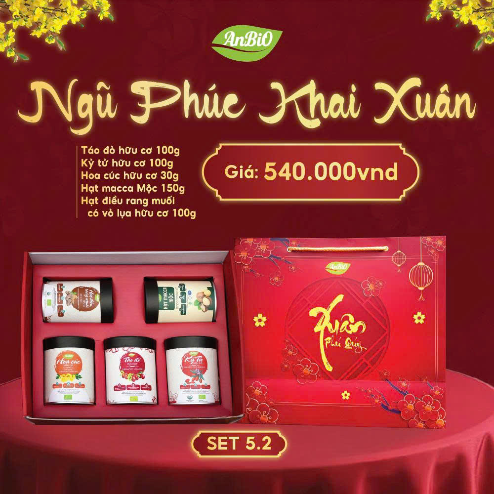 Set 5.2 - Ngũ phúc khai xuân ( táo đỏ, kỷ tử, hoa cúc, macca, hạt điều rang muối có vỏ lụa (hộp tròn thấp)) (Set)