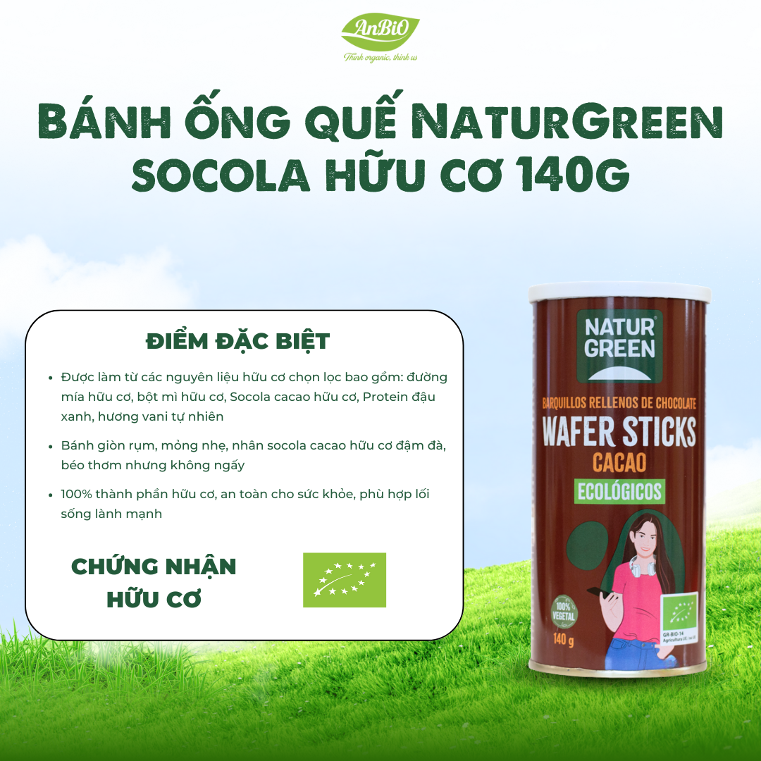 Bánh ống quế Naturgreen socola hữu cơ 140g