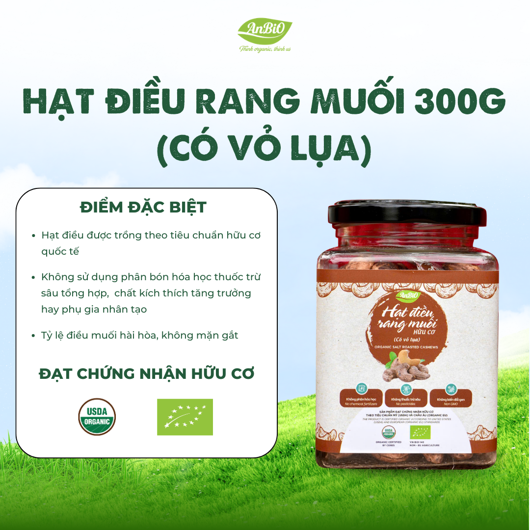 Điều rang muối hữu cơ có vỏ 200g (Lọ thủy tinh) (lọ)