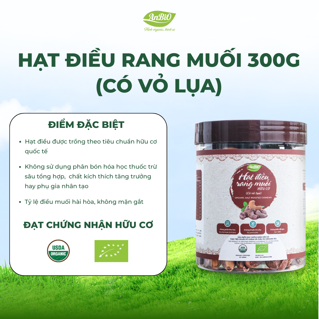 Hạt điều rang muối hữu cơ - Có vỏ lụa 300gr