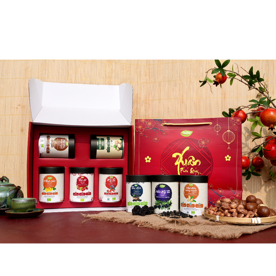Set 5.1 - Ngũ vị an khang ( táo đỏ, kỷ tử, hoa cúc, táo đen, hạt điều rang muối có vỏ lụa (hộp tròn thấp)) (Set)