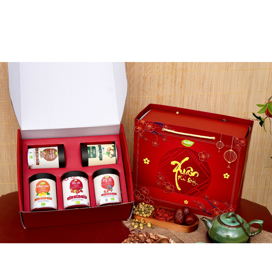 Set 5.1 - Ngũ vị an khang ( táo đỏ, kỷ tử, hoa cúc, táo đen, hạt điều rang muối có vỏ lụa (hộp tròn thấp)) (Set)