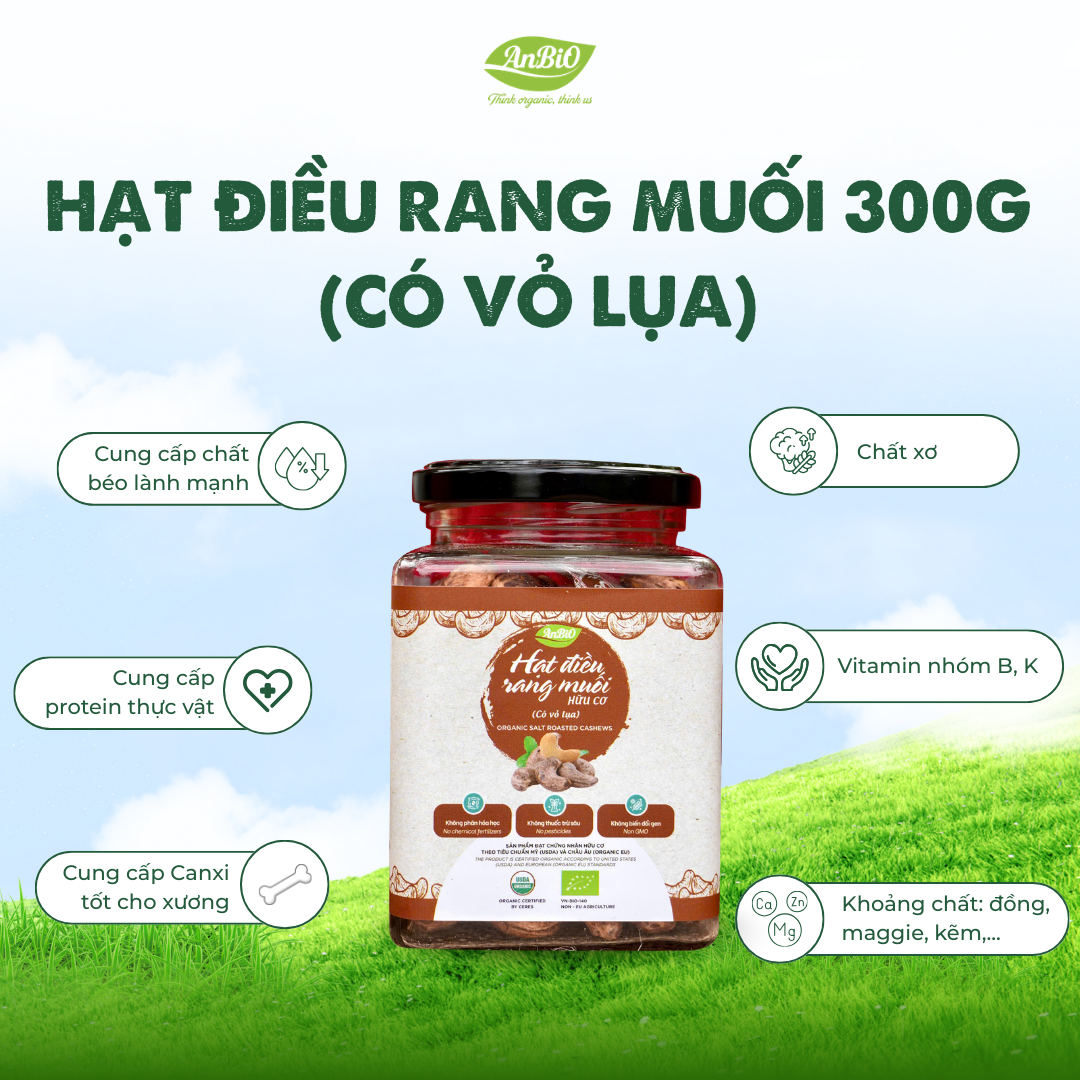 Điều rang muối hữu cơ có vỏ 200g (Lọ thủy tinh) (lọ)