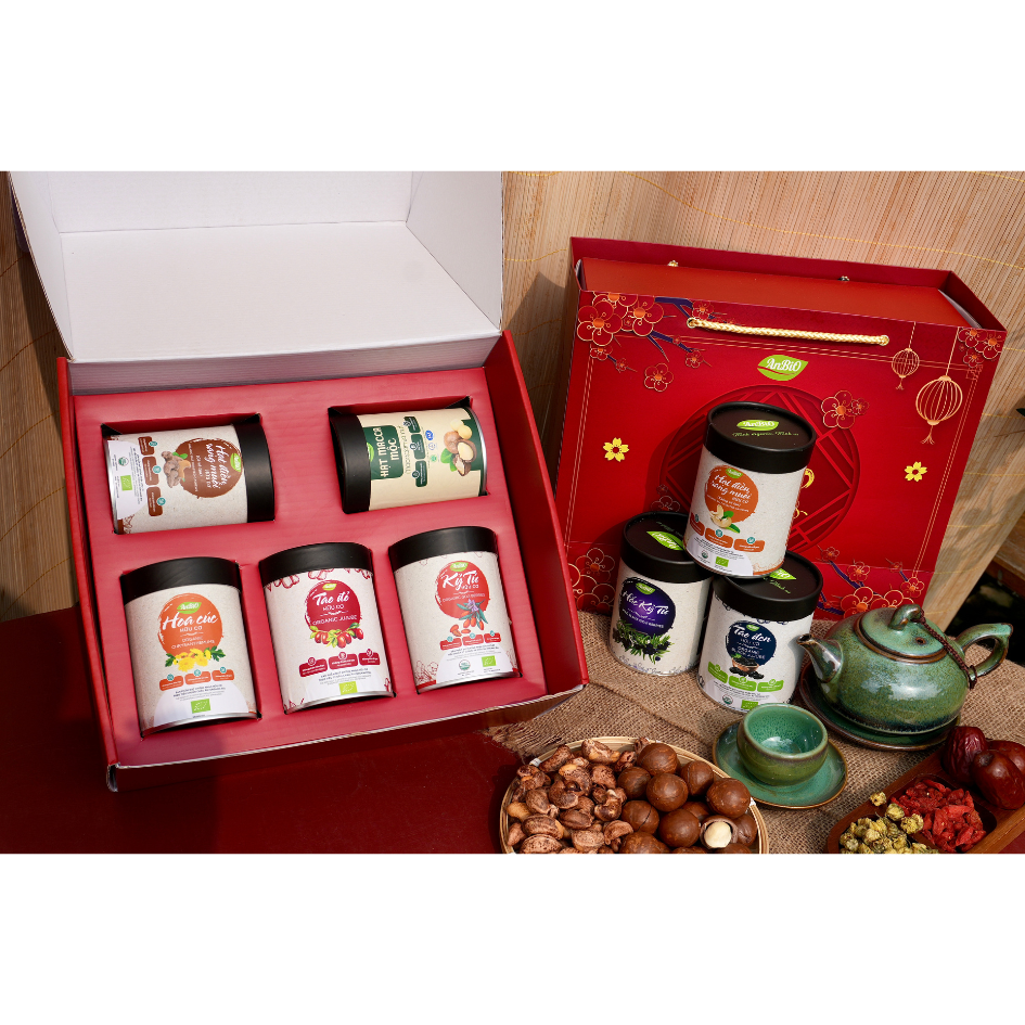 Set 5.1 - Ngũ vị an khang ( táo đỏ, kỷ tử, hoa cúc, táo đen, hạt điều rang muối có vỏ lụa (hộp tròn thấp)) (Set)