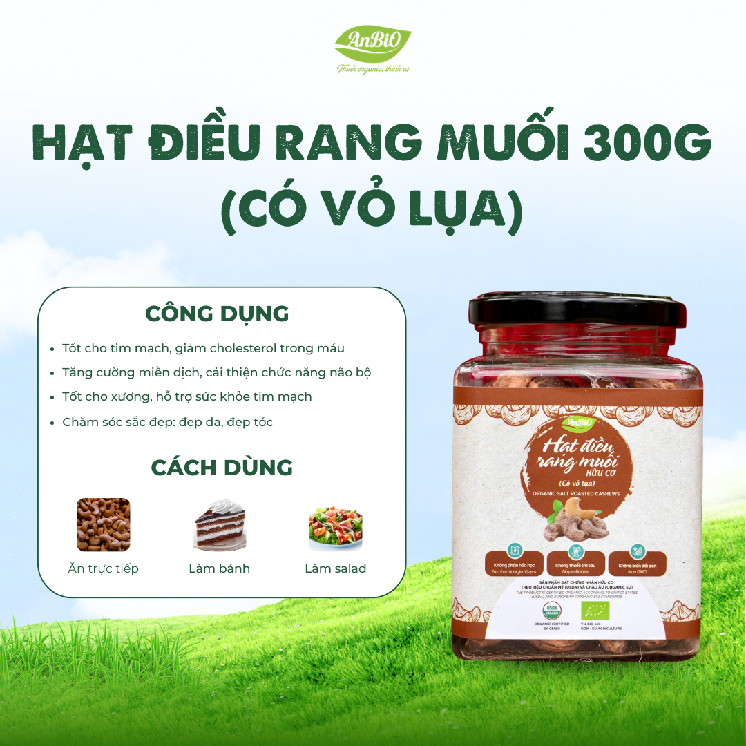Điều rang muối hữu cơ có vỏ 200g (Lọ thủy tinh) (lọ)