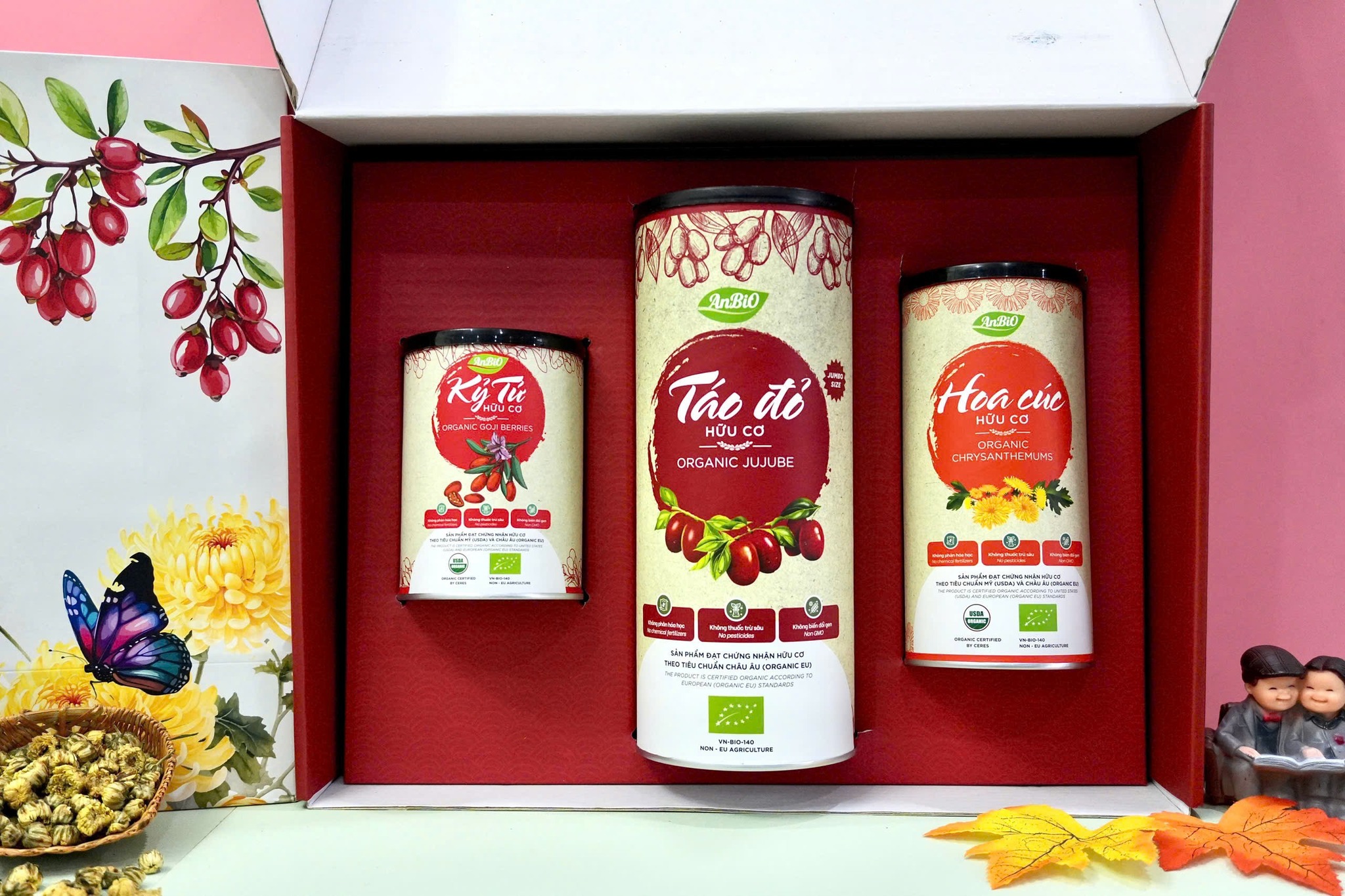 Hộp quà Táo đỏ đại + kỷ tử + hoa cúc hữu cơ (hộp đỏ) (Set)